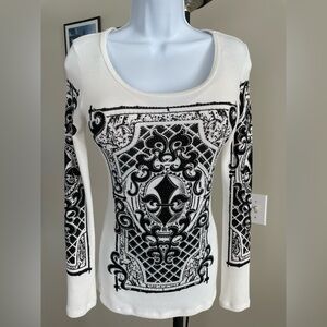 Vocal Black and White Ornate Long Sleeve Top